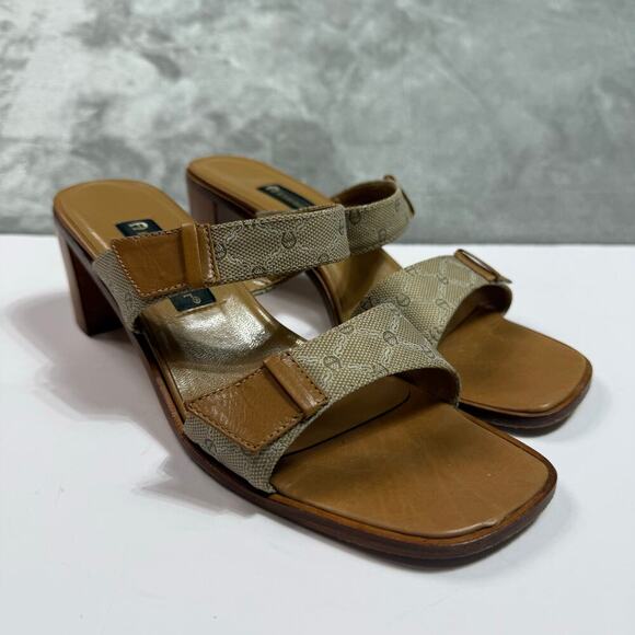 Etienne Aigner 2 Straps Canvas Leather Trim Open Square Toe Heel Tan Sandals 8M‎ - Picture 1 of 13